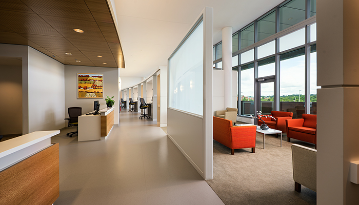 Patient reception and registration area with Krefeld Lounge, Life® Chairs and ReGeneration by Knoll® High Task Chairs