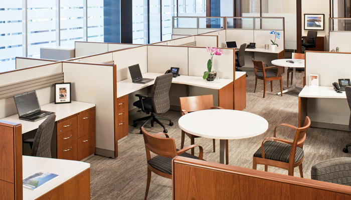 Reff Profiles™ workstations with Dividends Horizon® X-Base Tables, EWC Pro™ Task Chairs and Crinion Side Chairs