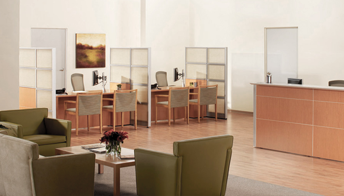 Patient reception and registration area with Reff Profiles™, Krefeld Lounge, Life® Chairs and Ricchio Chairs