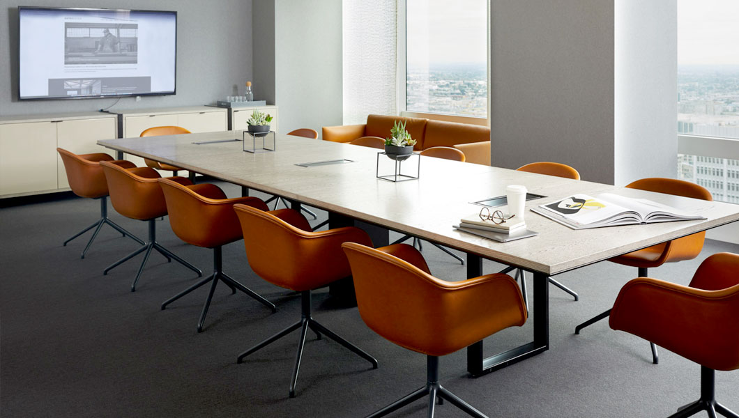 Knoll Shared Spaces Assembly Space Conference Room with DatesWeiser Table and Muuto Seating