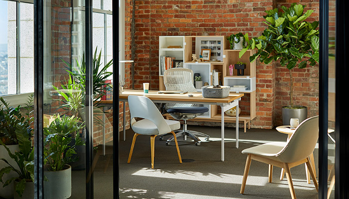 Antenna Workspaces® Desk with Generation by Knoll® Task Chair, Saarinen Executive Chair and Muuto Storage