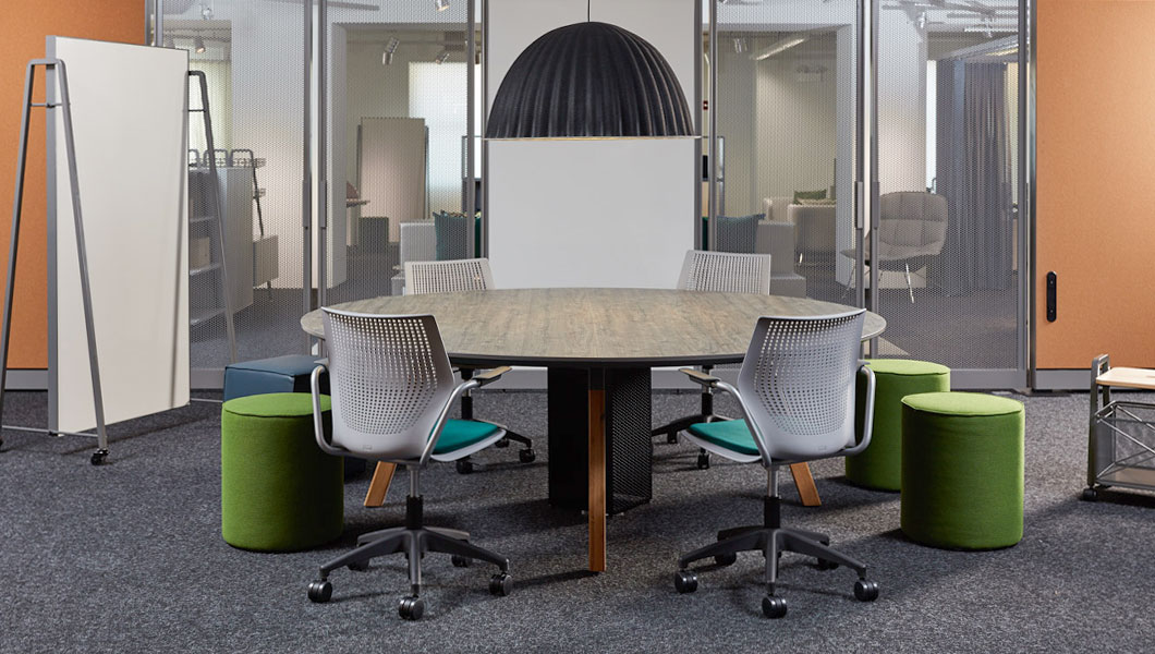 Knoll Shared Spaces Team Meeting with Rockwell Unscripted Sawhorse Table and MultiGeneration Seating