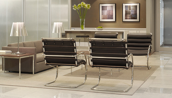 Waiting area with MR Lounge Chairs, Pfister Sofa and Florence Knoll End and Coffee Tables